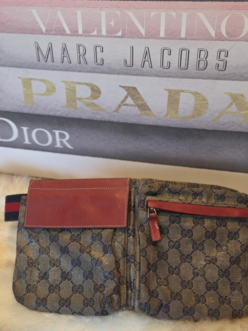 Gucci Brown GG Canvas Belt Bag with Red Leather Trim